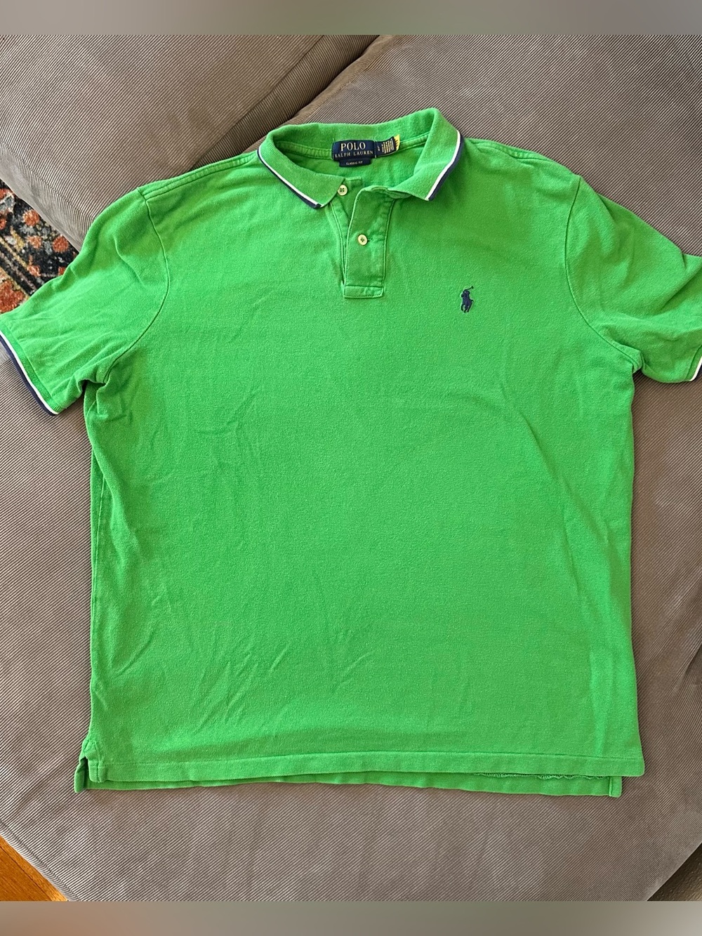 Polo Ralph Lauren Mens Classic Fit Green Pique Polo Shirt Tipped Trim Size Large